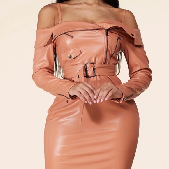 L'ATISTE Leather Tan Off-Shoulder Midi Dress - Picture 1 of 4